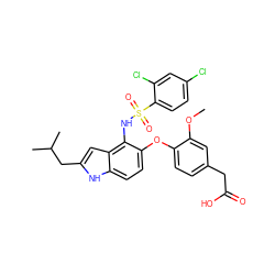 COc1cc(CC(=O)O)ccc1Oc1ccc2[nH]c(CC(C)C)cc2c1NS(=O)(=O)c1ccc(Cl)cc1Cl ZINC000169348398