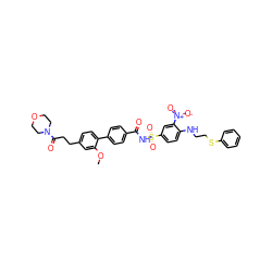 COc1cc(CCC(=O)N2CCOCC2)ccc1-c1ccc(C(=O)NS(=O)(=O)c2ccc(NCCSc3ccccc3)c([N+](=O)[O-])c2)cc1 ZINC000028568910