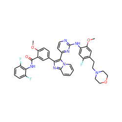 COc1cc(CCN2CCOCC2)c(F)cc1Nc1nccc(-c2c(-c3ccc(OC)c(C(=O)Nc4c(F)cccc4F)c3)nc3ccccn23)n1 ZINC000165074080