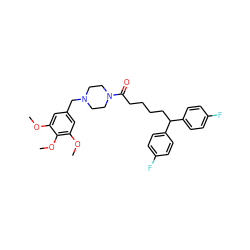 COc1cc(CN2CCN(C(=O)CCCCC(c3ccc(F)cc3)c3ccc(F)cc3)CC2)cc(OC)c1OC ZINC000049777893