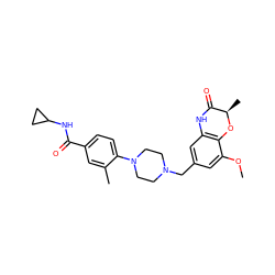 COc1cc(CN2CCN(c3ccc(C(=O)NC4CC4)cc3C)CC2)cc2c1O[C@H](C)C(=O)N2 ZINC000096274101