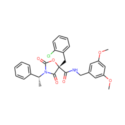 COc1cc(CNC(=O)[C@@]2(Cc3ccccc3Cl)OC(=O)N([C@H](C)c3ccccc3)C2=O)cc(OC)c1 ZINC000096273447