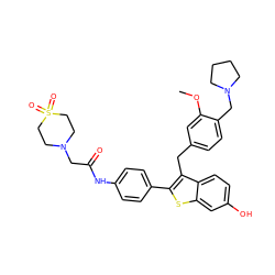 COc1cc(Cc2c(-c3ccc(NC(=O)CN4CCS(=O)(=O)CC4)cc3)sc3cc(O)ccc23)ccc1CN1CCCC1 ZINC000027873904