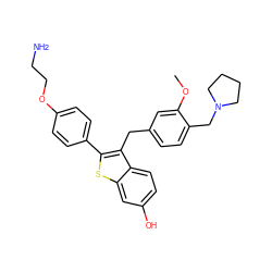 COc1cc(Cc2c(-c3ccc(OCCN)cc3)sc3cc(O)ccc23)ccc1CN1CCCC1 ZINC000027866167