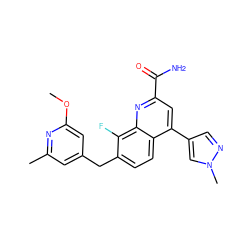 COc1cc(Cc2ccc3c(-c4cnn(C)c4)cc(C(N)=O)nc3c2F)cc(C)n1 ZINC000221613876