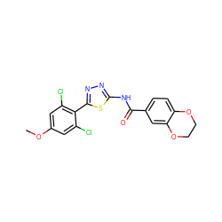 COc1cc(Cl)c(-c2nnc(NC(=O)c3ccc4c(c3)OCCO4)s2)c(Cl)c1 ZINC000043018751