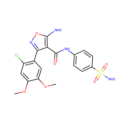 COc1cc(Cl)c(-c2noc(N)c2C(=O)Nc2ccc(S(N)(=O)=O)cc2)cc1OC ZINC001772593628