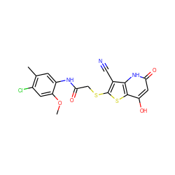 COc1cc(Cl)c(C)cc1NC(=O)CSc1sc2c(O)cc(=O)[nH]c2c1C#N ZINC000013568726