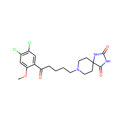 COc1cc(Cl)c(Cl)cc1C(=O)CCCCN1CCC2(CC1)NC(=O)NC2=O ZINC000026647284