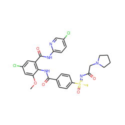 COc1cc(Cl)cc(C(=O)Nc2ccc(Cl)cn2)c1NC(=O)c1ccc([S@](C)(=O)=NC(=O)CN2CCCC2)cc1 ZINC000095576532