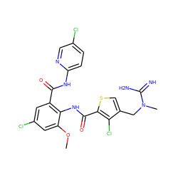 COc1cc(Cl)cc(C(=O)Nc2ccc(Cl)cn2)c1NC(=O)c1scc(CN(C)C(=N)N)c1Cl ZINC000014963192