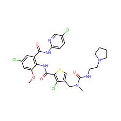 COc1cc(Cl)cc(C(=O)Nc2ccc(Cl)cn2)c1NC(=O)c1scc(CN(C)C(=O)NCCN2CCCC2)c1Cl ZINC000028655647