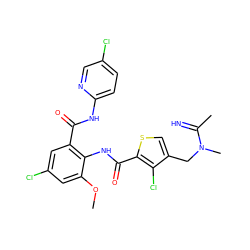 COc1cc(Cl)cc(C(=O)Nc2ccc(Cl)cn2)c1NC(=O)c1scc(CN(C)C(C)=N)c1Cl ZINC000014963188