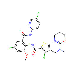 COc1cc(Cl)cc(C(=O)Nc2ccc(Cl)cn2)c1NC(=O)c1scc(CN(C)C2=NCCCO2)c1Cl ZINC000014963137