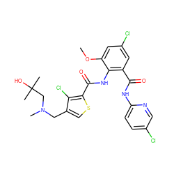 COc1cc(Cl)cc(C(=O)Nc2ccc(Cl)cn2)c1NC(=O)c1scc(CN(C)CC(C)(C)O)c1Cl ZINC000014963070