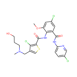 COc1cc(Cl)cc(C(=O)Nc2ccc(Cl)cn2)c1NC(=O)c1scc(CN(C)CCCO)c1Cl ZINC000014963058