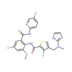 COc1cc(Cl)cc(C(=O)Nc2ccc(Cl)cn2)c1NC(=O)c1scc(CN(C)c2ncc[nH]2)c1Cl ZINC000014963223