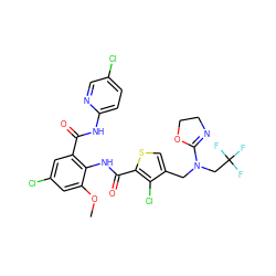 COc1cc(Cl)cc(C(=O)Nc2ccc(Cl)cn2)c1NC(=O)c1scc(CN(CC(F)(F)F)C2=NCCO2)c1Cl ZINC000028655649