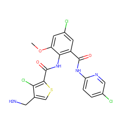 COc1cc(Cl)cc(C(=O)Nc2ccc(Cl)cn2)c1NC(=O)c1scc(CN)c1Cl ZINC000014963018