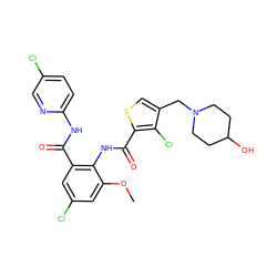 COc1cc(Cl)cc(C(=O)Nc2ccc(Cl)cn2)c1NC(=O)c1scc(CN2CCC(O)CC2)c1Cl ZINC000014963050