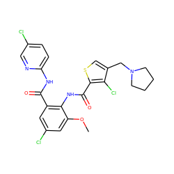 COc1cc(Cl)cc(C(=O)Nc2ccc(Cl)cn2)c1NC(=O)c1scc(CN2CCCC2)c1Cl ZINC000014963046