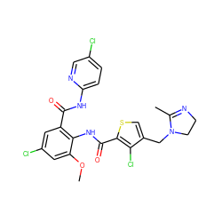 COc1cc(Cl)cc(C(=O)Nc2ccc(Cl)cn2)c1NC(=O)c1scc(CN2CCN=C2C)c1Cl ZINC000014963180