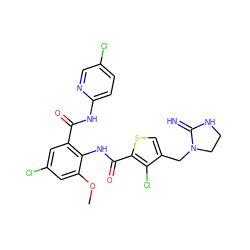 COc1cc(Cl)cc(C(=O)Nc2ccc(Cl)cn2)c1NC(=O)c1scc(CN2CCNC2=N)c1Cl ZINC000014963166