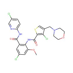 COc1cc(Cl)cc(C(=O)Nc2ccc(Cl)cn2)c1NC(=O)c1scc(CN2CCOCC2)c1Cl ZINC000014963042