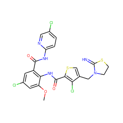 COc1cc(Cl)cc(C(=O)Nc2ccc(Cl)cn2)c1NC(=O)c1scc(CN2CCSC2=N)c1Cl ZINC000014963161