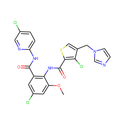 COc1cc(Cl)cc(C(=O)Nc2ccc(Cl)cn2)c1NC(=O)c1scc(Cn2ccnc2)c1Cl ZINC000014963196