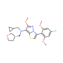 COc1cc(Cl)cc(OC)c1-c1csc2c(N(CC3CC3)C[C@@H]3CCOC3)c(OC)nn12 ZINC000096172555