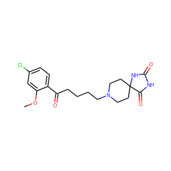 COc1cc(Cl)ccc1C(=O)CCCCN1CCC2(CC1)NC(=O)NC2=O ZINC000026647280