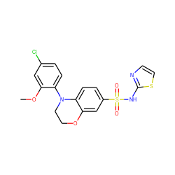 COc1cc(Cl)ccc1N1CCOc2cc(S(=O)(=O)Nc3nccs3)ccc21 ZINC000205734167