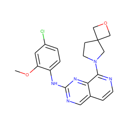 COc1cc(Cl)ccc1Nc1ncc2ccnc(N3CCC4(COC4)C3)c2n1 ZINC000207612077