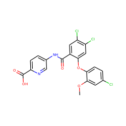 COc1cc(Cl)ccc1Oc1cc(Cl)c(Cl)cc1C(=O)Nc1ccc(C(=O)O)nc1 ZINC000143202321