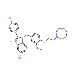 COc1cc(Cn2c(-c3ccc(O)cc3)c(C)c3cc(O)ccc32)ccc1OCCN1CCCCCC1 ZINC000034251335
