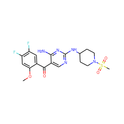 COc1cc(F)c(F)cc1C(=O)c1cnc(NC2CCN(S(C)(=O)=O)CC2)nc1N ZINC000014950278