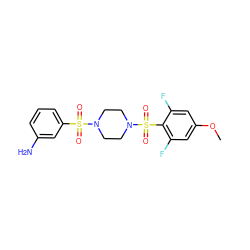 COc1cc(F)c(S(=O)(=O)N2CCN(S(=O)(=O)c3cccc(N)c3)CC2)c(F)c1 ZINC000036382544