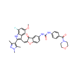 COc1cc(F)c2[nH]c(-c3c(C)nn(C)c3C)c(/C=C3/Oc4ccc(NC(=O)Nc5ccc(C(=O)N6CCOCC6)cc5)cc4C3=O)c2c1 ZINC000049777135