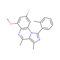 COc1cc(F)cc2c1nc(C)c1c(C)nc(-c3ccccc3C)n12 ZINC000073159095