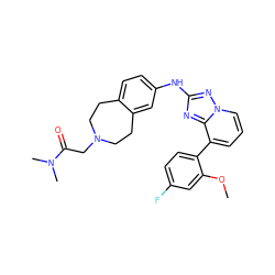 COc1cc(F)ccc1-c1cccn2nc(Nc3ccc4c(c3)CCN(CC(=O)N(C)C)CC4)nc12 ZINC000096169827