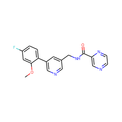 COc1cc(F)ccc1-c1cncc(CNC(=O)c2cnccn2)c1 ZINC000071340414