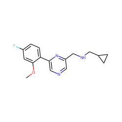 COc1cc(F)ccc1-c1cncc(CNCC2CC2)n1 ZINC000071335114