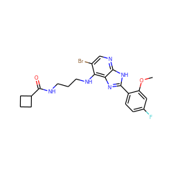 COc1cc(F)ccc1-c1nc2c(NCCCNC(=O)C3CCC3)c(Br)cnc2[nH]1 ZINC000084618055