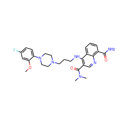 COc1cc(F)ccc1N1CCN(CCCNc2c(C(=O)N(C)C)cnc3c(C(N)=O)cccc23)CC1 ZINC000013764592