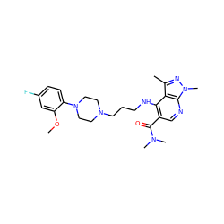 COc1cc(F)ccc1N1CCN(CCCNc2c(C(=O)N(C)C)cnc3c2c(C)nn3C)CC1 ZINC000013764600