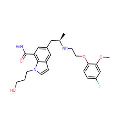 COc1cc(F)ccc1OCCN[C@H](C)Cc1cc(C(N)=O)c2c(ccn2CCCO)c1 ZINC000221798152