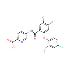 COc1cc(F)ccc1Oc1cc(Cl)c(Cl)cc1C(=O)Nc1ccc(C(=O)O)nc1 ZINC000143195410