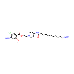 COc1cc(N)c(Cl)cc1C(=O)OCCN1CCC(NC(=O)CCCCCCCCCCN)CC1 ZINC000028528183