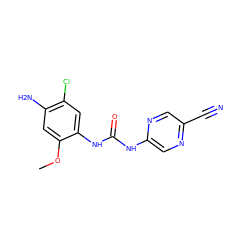 COc1cc(N)c(Cl)cc1NC(=O)Nc1cnc(C#N)cn1 ZINC000014956045